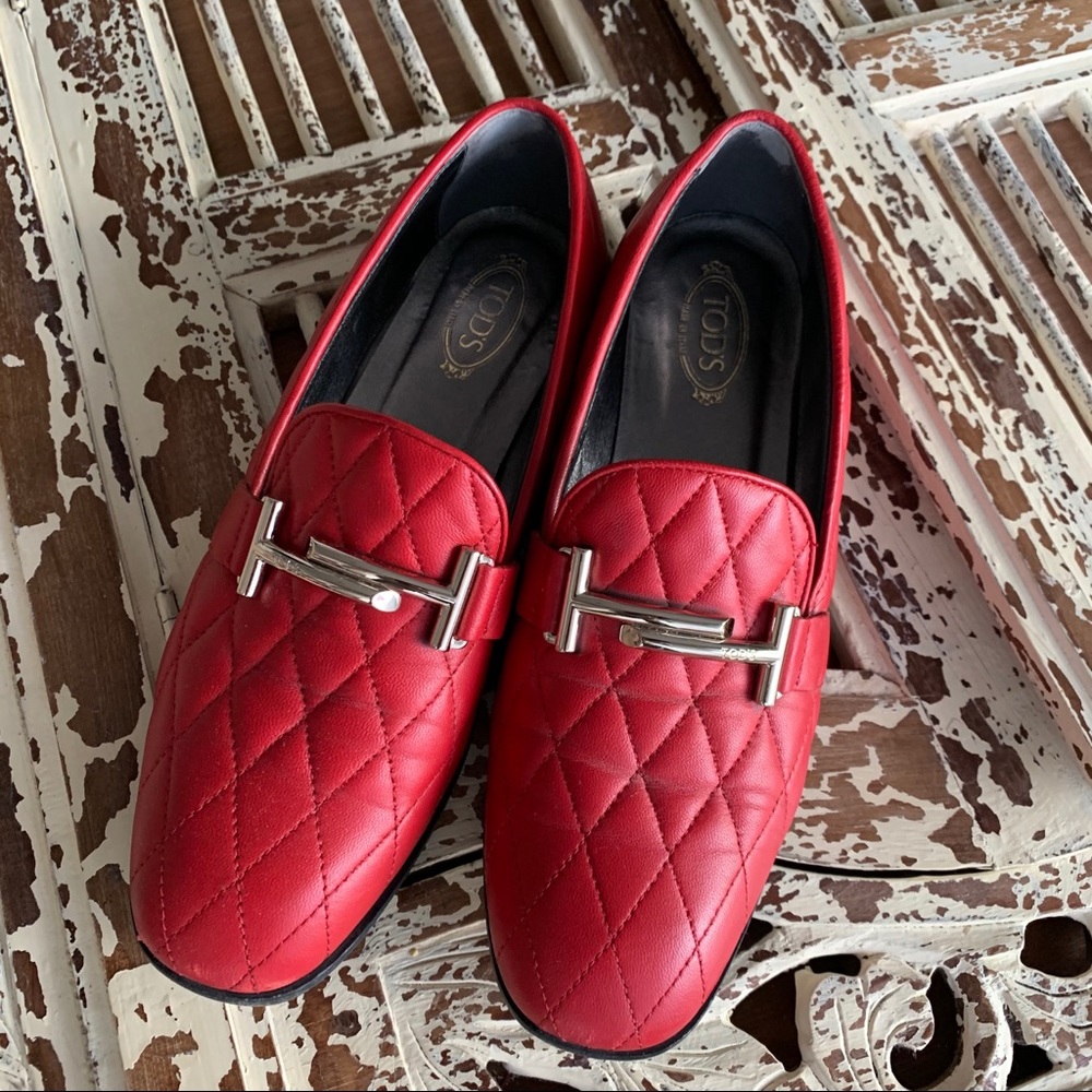 Tod's Quilted Red Leather Loafers with Silver Buckle
